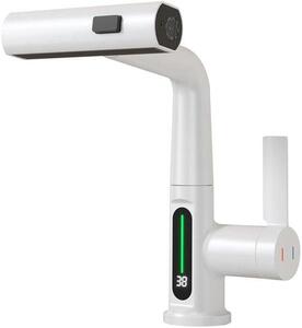 Rubinetto per bagno e cucina con soffione estraibile, indicatore di temperatura a LED, rubinetto per lavello a 3 vie, scarico orientabile, miscelatore monocomando (bianco)