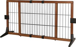 Cancelletto di sicurezza per gatti lionto alto 50 cm, barriera flessibile in legno di pino e filo d'acciaio, con piedini antiscivolo e supporto a muro, marrone/nero