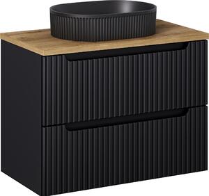 Mobile Bagno Nero 80 Cm Con Piano In Rovere E Lavabo Da Appoggio Nero