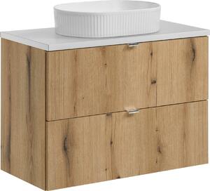 Mobile Bagno 80 Cm Con Piano Bianco E Lavabo Da Appoggio In Rovere