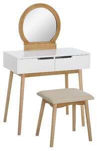 HOMCOM Toeletta Design Scandinavo con Specchio, 2 Cassetti e Sgabello Bianco e Pino Chiaro