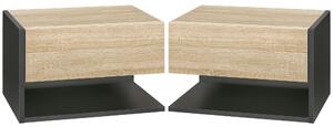HOMCOM Set di 2 Comodini da Parete - Set di 2 Comodini da Notte - cassetto Scorrevole, Scaffale, Bicolore Effetto Rovere Nero