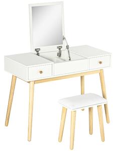 HOMCOM Set di toeletta con sgabello specchio ribaltabile stile scandinavo 2 cassetti 100 x 45 x 118 cm, bianco
