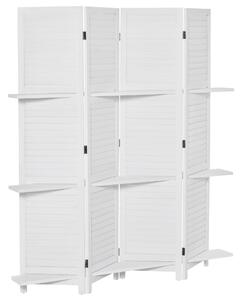HOMCOM Paravento interno a 4 Pannelli 160L x 170H cm 3 Ripiani Pieghevoli separatore per interni Porte a persiana Legno di Paulownia Bianco