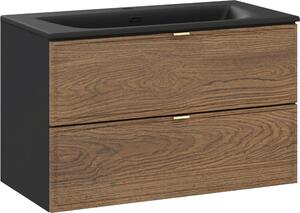 Mobile Bagno 80 Cm Rovere Casella Con Lavabo In Vetroceramica Nero