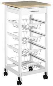 HOMCOM Carrello di servizio con scomparti multipli su ruote 4 cesti in metallo + cassetto in legno di pino 37 x 37 x 82 cm bianco