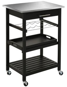 HOMCOM Carrello di Servizio da Cucina con Ruote e Mensola Porta Bottiglie 60L x 40P x 85A cm Piano in Acciaio Inox Nero