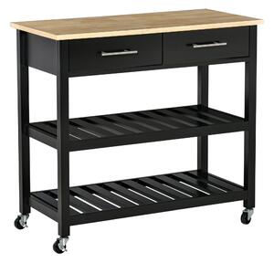 HOMCOM Carrello di servizio per la cucina con ruote, 2 ripiani, 2 cassetti nero legno naturale