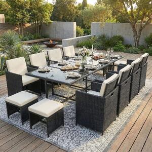 Set di mobili da giardino in polirattan per tavolo da pranzo e salotto Set da giardino da 13 pezzi 1x tavolo + 8x sedie + 4x sgabelli - nero