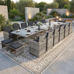 Gruppo di sedute in poly rattan tavolo da pranzo salotto giardino set 17 pezzi 1x tavolo + 12x sedie + 4x sgabelli - grigio