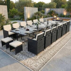 Set di mobili da giardino in polirattan per tavolo da pranzo e salotto 17 pezzi 1x tavolo + 12x sedie + 4x sgabelli - nero