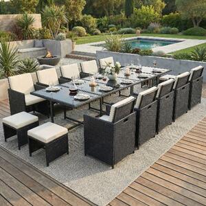 Gruppo di sedute in poly rattan tavolo da pranzo salotto set di mobili da giardino 15 pezzi 1x tavolo + 10x sedie + 4x sgabelli - nero