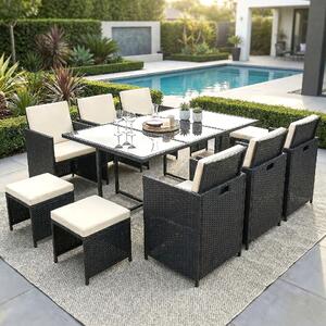 Set di mobili da giardino in polirattan per tavolo da pranzo e salotto Set da giardino da 11 pezzi 1x tavolo + 6x sedie + 4x sgabelli - nero