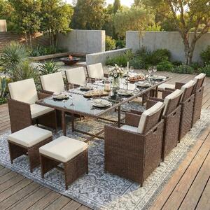 Gruppo di sedute in poly rattan tavolo da pranzo salotto set di mobili da giardino 13 pezzi 1x tavolo + 8x sedie + 4x sgabelli - marrone