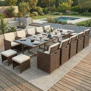 Gruppo di sedute in poly rattan tavolo da pranzo salotto set di mobili da giardino 15 pezzi 1x tavolo + 10x sedie + 4x sgabelli - marrone