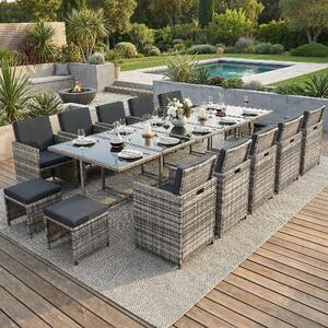 Set di mobili da giardino in polirattan per tavolo da pranzo e salotto Set da giardino da 15 pezzi 1x tavolo + 10x sedie + 4x sgabelli - grigio