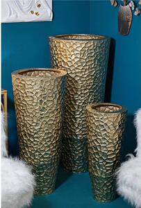 Set di 3 vasi in metallo dorato con eleganti decorazioni circolari in rilievo. NAIROBI, h 114-h 92,7-h 70,5 cm colore dorato
