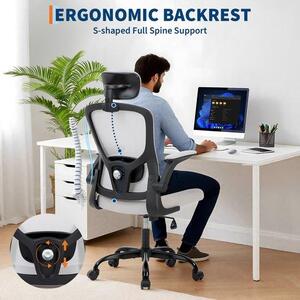 Sedia da ufficio ergonomica con poggiatesta regolabile in 2 direzioni, braccioli girevoli e rotelle, schienale alto