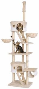 Tiragraffi lionto con tenditore a soffitto, torre attività grande 230-250 cm con 2 grotte, 2 mangiatoie, scale e palline, beige/bianco