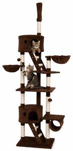 Tiragraffi lionto con tenditore a soffitto, torre attività grande 230-250 cm con 2 grotte, 2 abbeveratoi, scale e palline, marrone