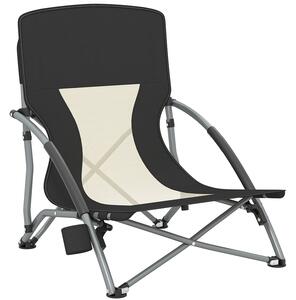 Sedia da Spiaggia Pieghevole 58x55x62 cm con Schienale a Rete e Portabicchieri in Metallo e Tessuto Oxford Nero