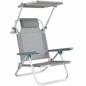 Sedia a Sdraio 62x68x79 cm Reclinabile a 6 Livelli con Tettuccio e Poggiatesta, in Alluminio e Rete Grigio