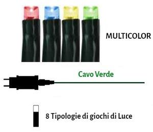 Catenaria Natalizia LED, 8 GIOCHI DI LUCE, 8m, Cavo VERDE, IP44, MULTICOLOR Colore Multicolor