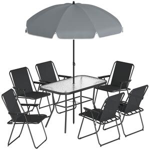 Set 8 Pezzi da Giardino con Ombrellone 6 Sedie Pieghevoli e Tavolo da Esterno in Vetro Temperato Nero