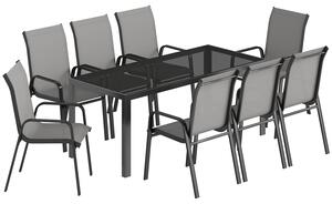 Set 9 Pezzi da Esterno con 8 Sedie Impilabili in Texteline e Tavolino da Caffè con Piano in Vetro Grigio Chiaro