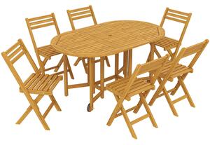 Set 7 Pezzi da Pranzo con Tavolo Estensibile a Ribalta 150x90x74 cm e 6 Sedie Pieghevoli in Legno Naturale