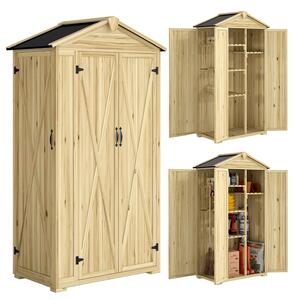 Armadio da Giardino 93x53x168 cm a 3 Ante con 4 Ripiani e Ganci in Legno di Abete Naturale