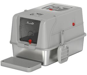 Lettiera Gatto Chiusa XL 61x41x38 cm con Coperchio Gradino Raccogli-lettiera e Paletta in Acciaio Inox e ABS Grigio Chiaro
