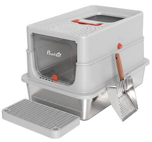 Lettiera Gatti Chiusa XL 90 L 60x40x40 cm con Coperchio Gradino Paletta e Bordi Alti in Acciaio Inox e ABS Grigio Chiaro