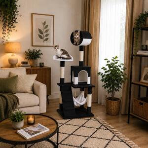 Tiragraffi per gatti Belviona, albero da arrampicata per gatti con cuccia, amaca, scaletta e piattaforma di riposo, 133 cm, bianco e nero