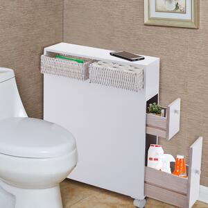 Costway Armadio di legno con cassetti cesti e porta scopino del water, Credenza con ruote per piccoli spazi Bianco