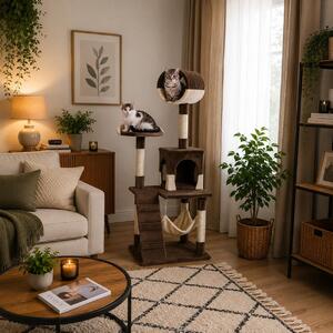 Tiragraffi per gatti Belviona, albero da arrampicata per gatti con cuccia, amaca, scaletta e piattaforma di riposo, 133 cm, marrone/beige