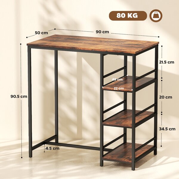 HOMCOM Tavolo da Bar Alto con 3 Ripiani di Stoccaggio e Telaio in Acciaio, 90x50x90,5 cm, Marrone Rustico e Nero | Aosom Italy