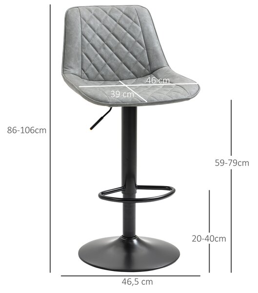 HOMCOM Set 2 Sgabelli da Bar Girevoli, Altezza Regolabile 86–106 cm, Pelle Sintetica, Schienale e Poggiapiedi, Grigio | Aosom Italy