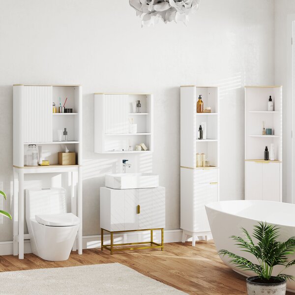HOMCOM Armadio da Bagno a Parete con Anta Scorrevole, 5 Scomparti e Ripiani Regolabili, 60x20x62 cm, Bianco | Aosom Italy