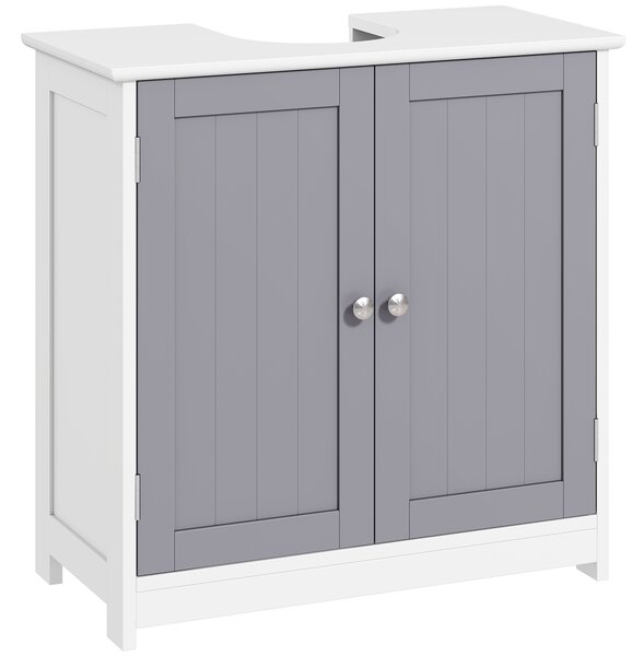 Kleankin Mobile Sotto Lavabo Bagno con Taglio a U, Armadietto 2 Ante con Mensola Regolabile in MDF, 60x30x60cm Bianco Grigio|Aosom