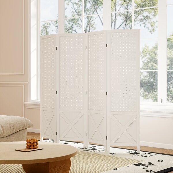 HOMCOM Paravento Interno a 4 Pannelli Forati, Divisore di Ambienti Pieghevole, in Legno, 152x1,7x144,5 cm, Bianco | Aosom Italy