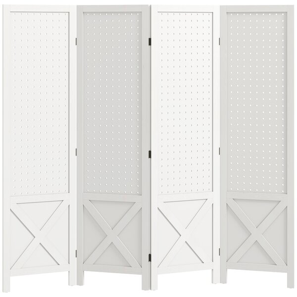 HOMCOM Paravento Interno a 4 Pannelli Forati, Divisore di Ambienti Pieghevole, in Legno, 152x1,7x144,5 cm, Bianco | Aosom Italy