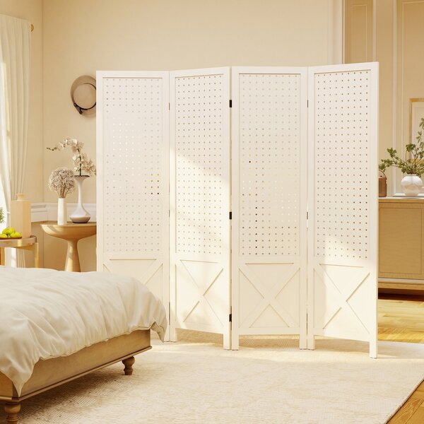 HOMCOM Paravento Interno a 4 Pannelli Forati, Divisore di Ambienti Pieghevole, in Legno, 152x1,7x144,5 cm, Bianco | Aosom Italy