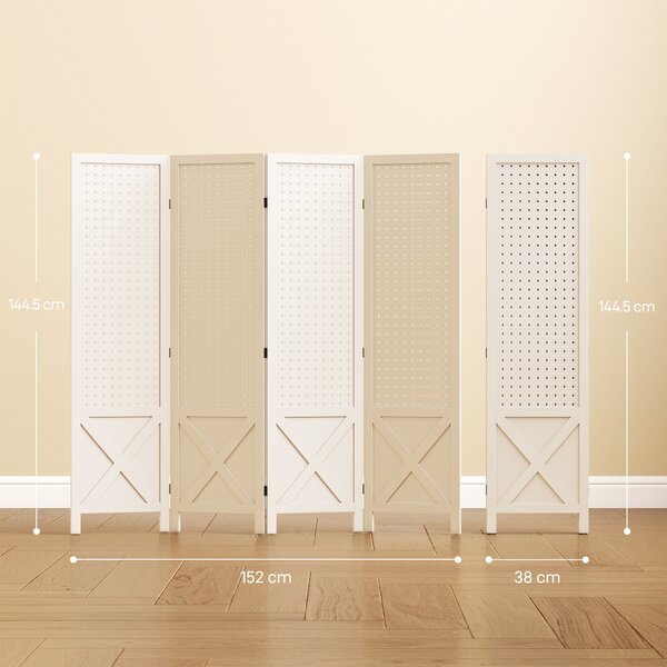 HOMCOM Paravento Interno a 4 Pannelli Forati, Divisore di Ambienti Pieghevole, in Legno, 152x1,7x144,5 cm, Bianco | Aosom Italy