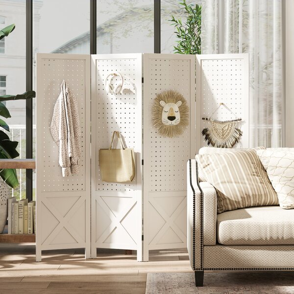HOMCOM Paravento Interno a 4 Pannelli Forati, Divisore di Ambienti Pieghevole, in Legno, 152x1,7x144,5 cm, Bianco | Aosom Italy