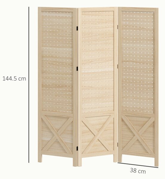 HOMCOM Paravento Interno a 3 Pannelli Forati, Divisore di Ambienti Pieghevole, in Legno, 114x1,7x144,5 cm, Legno Naturale | Aosom Italy
