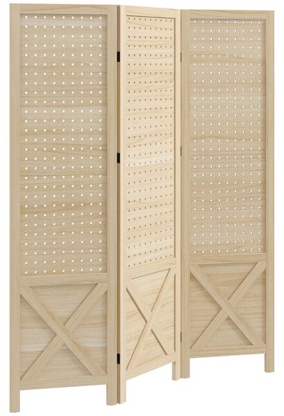 HOMCOM Paravento Interno a 3 Pannelli Forati, Divisore di Ambienti Pieghevole, in Legno, 114x1,7x144,5 cm, Legno Naturale | Aosom Italy