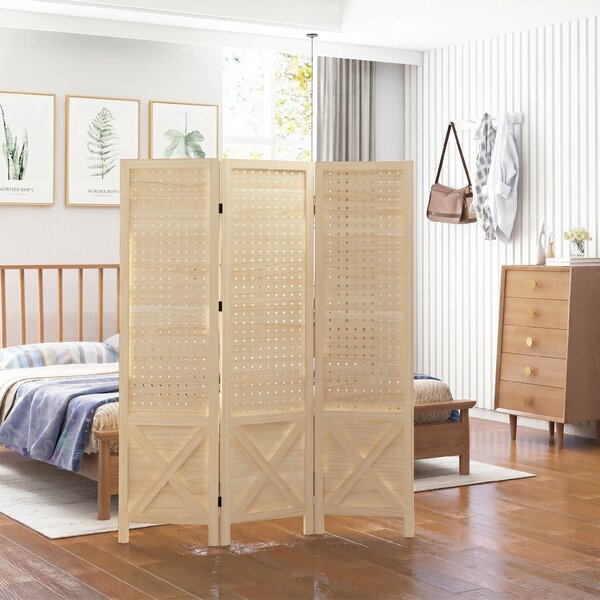 HOMCOM Paravento Interno a 3 Pannelli Forati, Divisore di Ambienti Pieghevole, in Legno, 114x1,7x144,5 cm, Legno Naturale | Aosom Italy