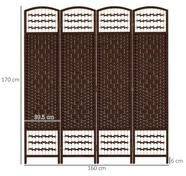 HOMCOM Paravento Interno a 4 Pannelli, Divisore di Ambienti Pieghevole, in Legno, 160x1,5x170 cm, Marrone | Aosom Italy