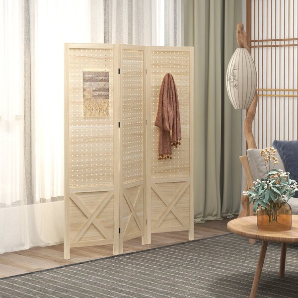 HOMCOM Paravento Interno a 3 Pannelli Forati, Divisore di Ambienti Pieghevole, in Legno, 114x1,7x144,5 cm, Legno Naturale | Aosom Italy